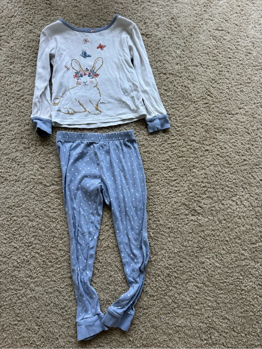 Girls Bunny Pajama Set - White & Light Blue